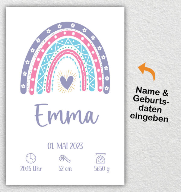 Regenbogen mit Name und Geburtsdaten - Personalisiertes Geburtsbild auf Leinwand